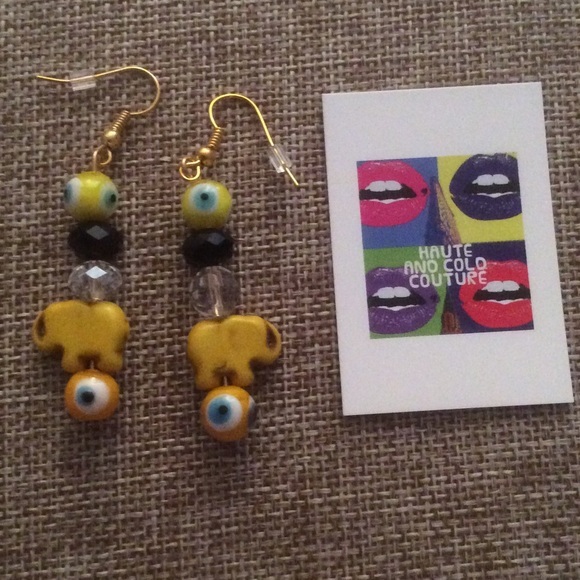 Handmade Yellow Elephant Howlite Evil Eye Earrings